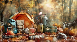 Camping equipment in a park dominated by orange. autumn and camping background. Seamless looping 4K animated video