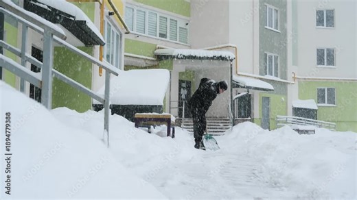 Man dressed in black is shoveling snow with a green shovel during snowfall near a playground and parked cars in a residential neighborhood
