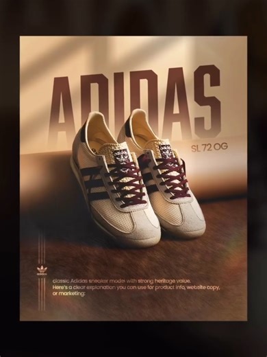 How to design a premium, vintage-inspired product poster Learn how to create an elegant, nostalgic product graphic by mastering light and shadow. This breakdown shows how using a warm, earthy color palette combined with realistic gobo lighting (window blind shadows) instantly adds depth and a premium, lifestyle feel. Pairing bold, faded background typography with a sharply focused, centrally placed product draws the viewer's eye directly to the intricate textures of the sneaker, creating a clean