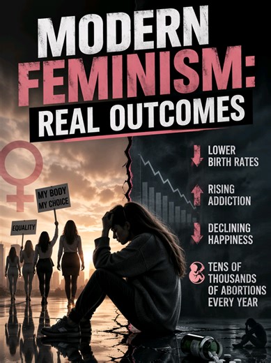 Modern Feminism: Real Outcomes Modern feminism has not grown through honest debate. It has grown through fear. Fear, repetition, manipulation, and narrative control. It has convinced women and weak, manipulative men that there was a necessity for a movement that, in its current form, has done more harm than good. And we can measure outcomes. Lower birth rates. Rising addiction. Declining happiness. And tens of thousands of abortions every single year. That is not progress. That is a cultural shi