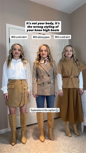 Natalia| Fashion Tips on Instagram: "Vote⬇️ Which outfit works best with knee high boots? Outfits linked in bio/ltk or ask for a link⬇️ Mini skirt + knee high boots: Create a clean proportion play. Keeps the silhouette elongated and modern while allowing the boots to act as a strong, intentional anchor. Matching skirt and boots in color makes it appear more cohesive as an outfit all together. Skinny jeans + knee high boots: The knee-high boots aren’t incorrect but they compress the leg line by s