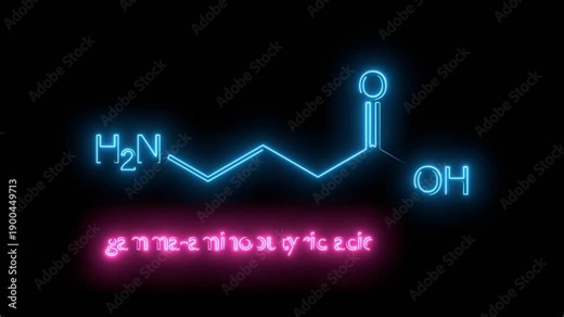 Medical animation. Chemical formula of gamma-Aminobutyric acid. GABA neurotransmitter hormone chemical structure. Neon glowing.
