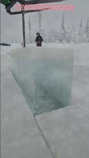 The process of removing large ice blocks using chains and hooks from a loader