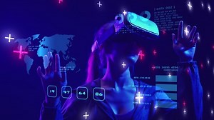 Metaverse business meeting conference, VR virtual office digital world technology AR augmented reality presentation work from home, global economy financial investment graph chart market platform