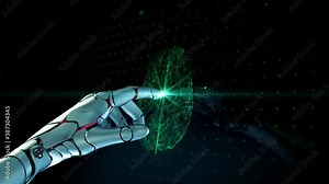 Close-up Artificial Intelligence Concept: Robot Activate Futuristic Web Quantum AI Arm Touch Screen Button. 3D Visualization of Computer Technology and Digitalization Brain Abstract Cyber Animation 4k Stock Video