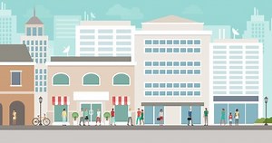 People walking in the city street, traffic and buildings, urban lifestyle concept