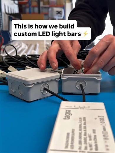 his is how a bespoke LED lightbar is wired, built, and supplied ready for install. Assembled in-house by the Ultra LEDs production team, this system included: • Pre-wired junction boxes using WAGO connectors • Linked luminaires for faster on-site connection • Custom tube lengths cut to specification #fyp #foryoupage #trending #lighting #electriciansoftiktok