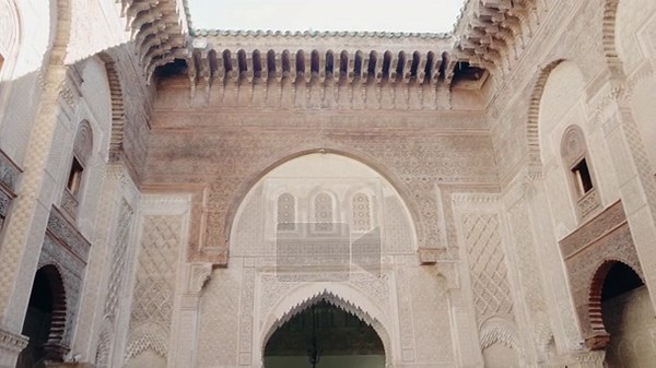 Ornate Moroccan Architecture. Traditional Moroccan courtyard with intricate Islamic carvings and arches. Experience the beauty of Moroccan art, history, and craftsmanship Stock Video Footage - Alamy