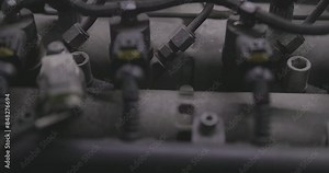 Used car engine, filmed in close up.