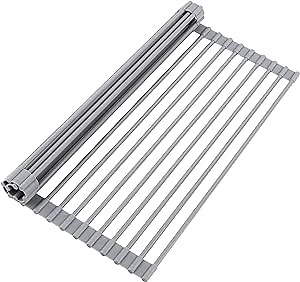 Oizeir Roll Up Dish Drying Rack - Silicone Coated Stainless Steel, Over The Sink, Foldable, Heat-Resistant, Anti-Slip, Dish Drainer. (17" x 12.5")