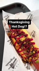 1K views · 27 reactions | Introducing the Feast-Beast Fall Dog — It’s a Thanksgiving dish in hot dog form! ➡️ Turkey gravy chili, cornbread stuffing crumble, drizzled with cranberry relish glaze. ** Available starting Friday Nov 10 until Wednesday Nov 22 ! ** | 1950 Originals | Facebook