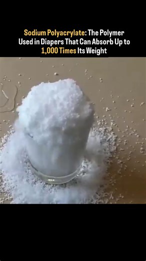 ThinkPodium | Facts & Knowledge on Instagram: "Sodium polyacrylate is the superabsorbent polymer used in diapers and many consumer products. Its long polymer chains carry charged groups that pull in and trap water, allowing it to absorb 100–1000 times its own weight and swell into a gel. A small amount, a huge capacity—materials science at work. #SodiumPolyacrylate #SuperabsorbentPolymer #MaterialsScience #PolymerScience #EverydayChemistry"