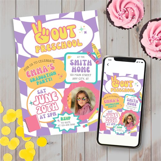 Editable Retro Peace Out Kindergarten Graduation Party Invitation Preschool Promotion Invite 5th Grade Elementary Graduate Digital Download - Etsy