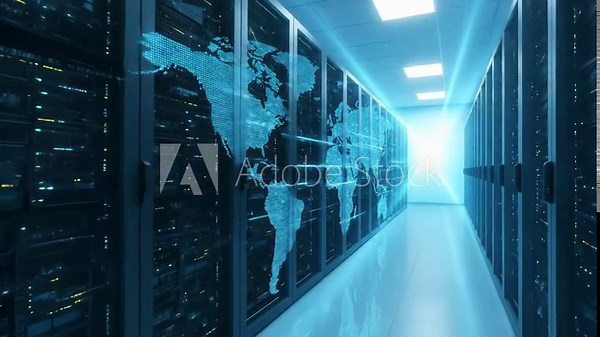 Global data center with world map overlay and digital light rays. Network server room for internet communication and big data storage.