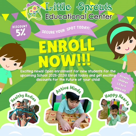🎉 Enroll your little ones in our fun-filled preschool and playgroup classes today and enjoy a fantastic 5% off your tuition fee! 🌈 Give your child the gift of learning and friendship in a nurturing environment that sparks creativity and joy. 🧸 Don't miss out on this great opportunity—sign up now and watch them thrive! 🌟 #earlychildhoodeducation #littlesproutseducationalcenter #bgc #greenwoodscainta #westtriangle #playtolearn #playtolearnpreschool | Little Sprouts Educational Center - West Tr