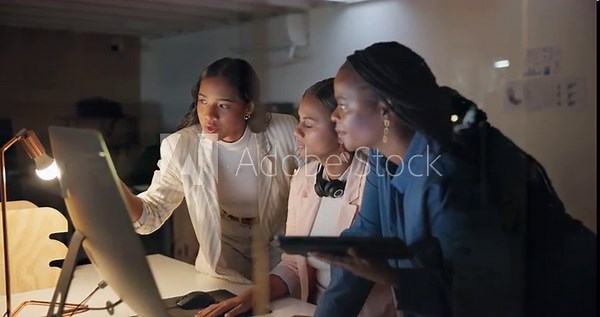 Teamwork, computer and strategy with business people in office for research, project management and idea. Review, professional and mentor with women at night for feedback, creative and collaboration