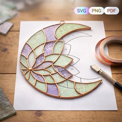 Crescent Moon Stained Glass Pattern SVG PNG PDF | Mandala Moon Suncatcher Template | - Etsy