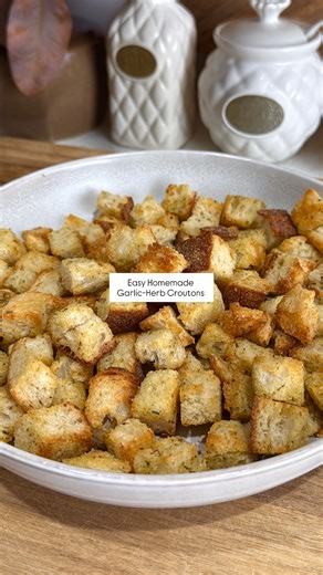 Easy Homemade Garlic-Herb Croutons✨ Make crispy garlic-herb croutons at home in under 20 minutes! They’re delicious on salads, fall soups, casseroles — and even stuffing if you go a little lighter on the garlic salt. Perfect way to use up day-old bread and add crunch to your meals. Ingredients • 5 cups day-old bread cubes (sourdough or French bread work great) • 3–4 tbsp olive oil • 1½ tsp garlic salt, more to taste • 1 tsp Italian seasoning Directions 1. Preheat oven to 375°F. 2. Toss bread cub