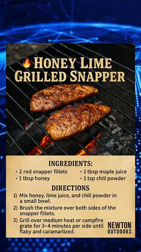 🔥 Honey Lime Grilled Snapper Ingredients: • 2 red snapper fillets • 1 tbsp honey • 1 tbsp lime juice • 1 tsp chili powder Directions: 1️⃣ Mix honey, lime juice, and chili powder in a small bowl. 2️⃣ Brush the mixture over both sides of the snapper fillets. 3️⃣ Grill over medium heat or campfire grate for 3–4 minutes per side until flaky and caramelized. 4️⃣ Drizzle with a touch more honey and lime juice before serving. 🔥 Sweet, tangy, and smoky — perfect for coastal campfire cooking! #cooking 