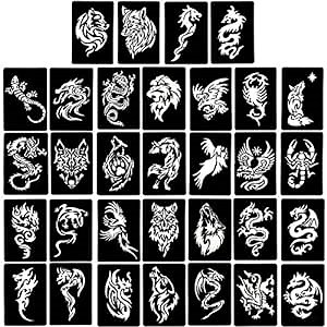 4 Sheets Temporary Tattoo Stencils, 32pcs Animal Patterns Henna Tattoo Stencil Kit Temporary Glitter Airbrush Tattoo Stencils Arabian Tattoo Stickers for Face Body Paint Art