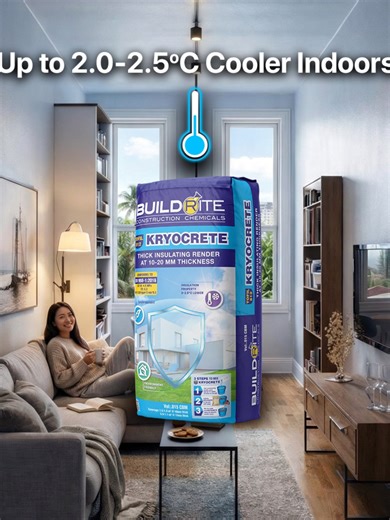Is Your Home Ready for the Heat—Especially with Summer Coming? With summer just around the corner, homes built with regular cement start to feel hotter and more uncomfortable. Walls absorb heat fast, pushing indoor temperatures up to 38°C, making rooms stuffy, exhausting, and expensive to cool even when the weather outside is the same. KRYOCRETE is the smarter fix. This thick insulating render (10–20mm) helps reduce heat transfer, keeping interiors up to 2.0–2.5°C cooler at 35.5–36°C. As summer 