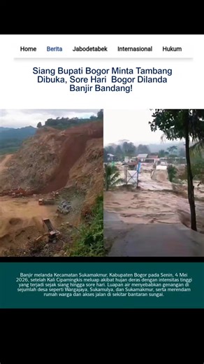 Banjir melanda Kecamatan Sukamakmur, Kabupaten Bogor pada Senin, 4 Mei 2026, setelah Kali Cipamingkis meluap akibat hujan deras dengan intensitas tinggi yang terjadi sejak siang hingga sore hari. Luapan air menyebabkan genangan di sejumlah desa seperti Wargajaya, Sukamulya, dan Sukamakmur, serta merendam rumah warga dan akses jalan di sekitar bantaran sungai. Sejumlah titik dilaporkan terdampak cukup parah, bahkan aliran air sempat mengganggu aktivitas warga dan merusak beberapa fasilitas di sek