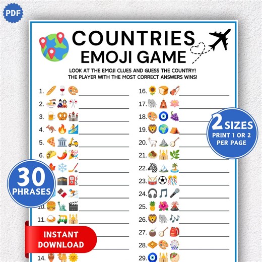 Countries Emoji Game, Country Emoji Pictionary Game, Printable Party Game, Trivia Quiz, Guess the Country, Emoji Countries Quiz, Family Game - Etsy