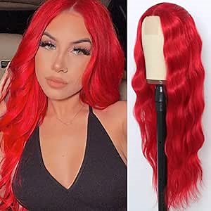 HELENE Red Wig Lace Front Wig Bright Red Loose Wave Wig Red Curly Wigs for Women Red Long Wavy Wig Heat Resistant Synthetic Wig for Party Cosplay(Bright Red, 24 Inch)