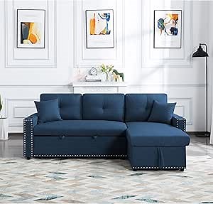 L-Shaped Sectional Sofa with Pull Out Sleeper Bed,Convertible Modular Couch w/Storage Chaise,Cup Holders and Nailhead,Reversible Upholstery 3-Seater Corner Sofá Chaise Lounge Recliner Sofacama Daybed