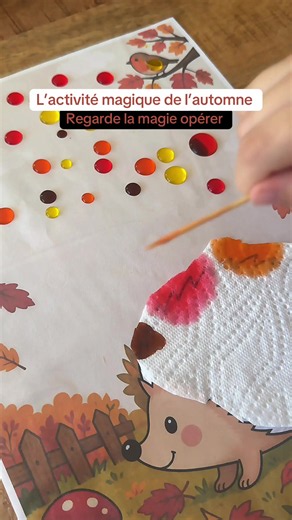 Le plus compliqué dans cette activité, c'est de convaincre Molly de mettre une seule goutte à la fois 🤣 J'ai préparé trois modèles sur le thème de l'automne : l'arbre, les citrouilles et le hérisson La couleur se dittuse dans le papier au fur et à mesure, et c'est ça qui fait tout le truc. Si vous voulez le PDF des fiches , vous les trouverez sur mon IG dans ma story à la une PDF 🫶🏻 #activiteenfant #activitemanuelle #diyenfant
