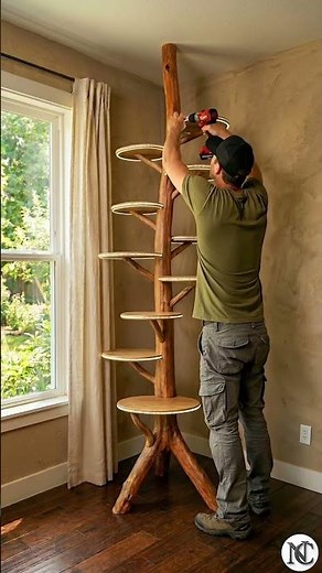 Turning wood into a tree bookshelf 🌳 This changes completely when the light turns on #diy #craft