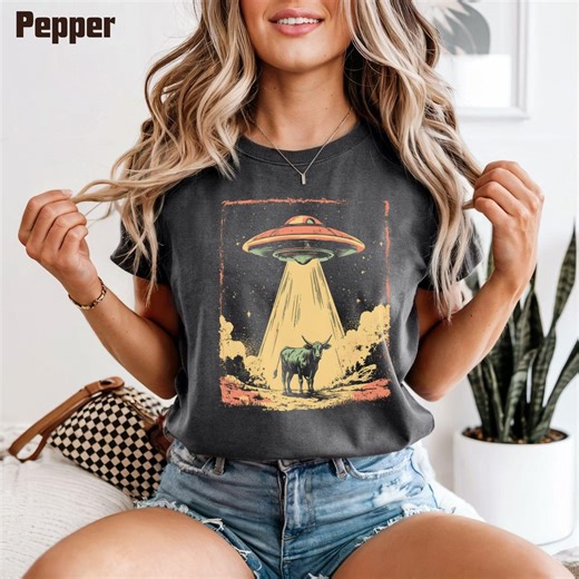 Cow Abduction UFO Tee | T-Shirt with Alien Spaceship Illustration , comfort color 1717 , space shirt , Alien shirt , science fiction