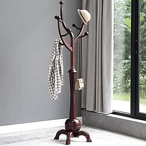 Bekrvio Coat Rack Freestanding Wood Tree Rack with 8 Hooks, Creative Design Tree Branch-look, Coat Tree Clothes Hanger Stand with Stable Sphere Base for Entryway, Hallway, Bedroom (Wine Red)