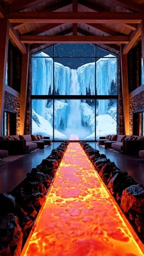 Obsidian Caldera Lounge | A Roaring Fire in a Snowy Volcano