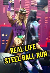 VALKYRIE is looking a little “metallic” today. 🐎👀 The Steel Ball Run race took a weird turn at @CCXP México , but don’t worry—Still found the Spin though! 🌀 Thanks to @FREE FIRE LATAM for assisting this absolute chaos. Pizza Mozzarella, rella, rella... 🎶🍕🇮🇹 . #ccxpmx26 #taryncosplay #gyrozeppeli #steelballrun #freefirelatam