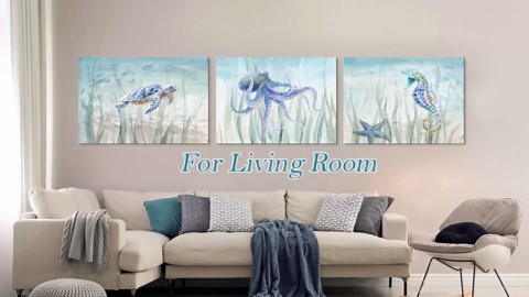 Ocean Wall Art Sea Life Wall Decor Costal Watercolor Seahorse Painting Blue Ocean Animal Pictures Starfish Canvas Artwork for Bathroom Bedroom Home Decoration 16x12Inch