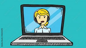 Cartoon style, colorful animation of talking, happy female customer service representative, that shows up on the notebook screen.