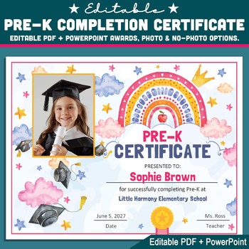 Pre-K Completion Certificate, Editable Awards for Ceremony Day, PDF & PowerPoint