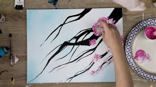 Cherry Blossom Magic with Saran Wrap Dip Technique – Acrylic Painting at Its Best!