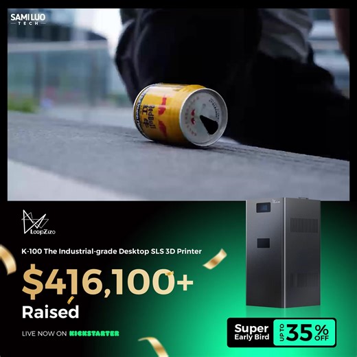 🚀 Now Live on Kickstarter-– Save up to 35% OFF!🎉 Tired of massive, expensive SLS machines that take up your whole workspace? 🏭💸 Loopzizo K-100 fits on your desk 🖥️, prints complex functional parts 🎯, and delivers 0.1 mm precision & 50 MPa strength 💪 — all at a fraction of the cost. No supports, no complicated setup, no bound materials ♻️ — just one-click industrial-grade printing. 👉 Tap “Shop Now” to claim your reward! | Loopzizo K-100 SLS 3D Printer