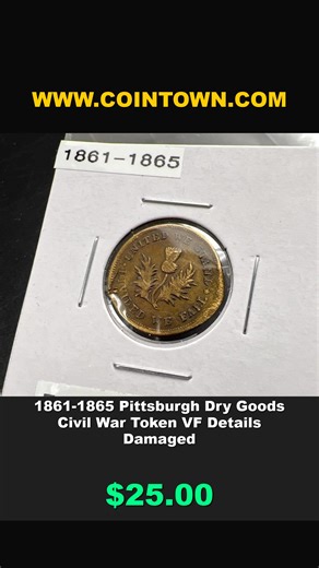 Here's a collection from Robinson's Coin Town! 1. 1861-1865 Pittsburgh Dry Goods Civil War Token VF Details Damaged $25.00 2. 1974 Bicentennial Commemorative Medal w/ John Adams & The Continental Congress $11.24 3. 1 Unopened US Mint Uncirculated Roll 2007 P Wyoming Statehood Quarters OBW 40 coins $20.00 Visit link in bio Shop these items: https://www.cointown.com/products/1861-1865-pittsburgh-dry-goods-civil-war-token-vf-details-damaged https://www.cointown.com/products/1974-bicentennial-commem