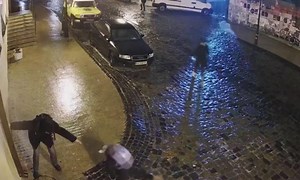 And now, a woman falling repeatedly on the ice