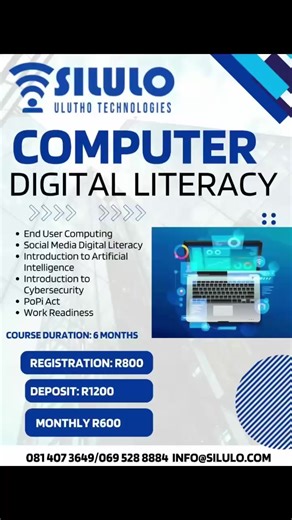 💻 Join Our 6-Month Computer Digital Literacy Course! Ready to boost your tech skills? Whether you're a beginner or looking to sharpen your digital know-how, our comprehensive course is designed to empower you with essential computer literacy for today's digital world. 🗓 Duration: 6 months 📞 Contact Us: 081 407 3649 | 069 528 8884 📍 Limited spots available – enroll today! #DigitalLiteracy #ComputerSkills #LearnTech #DigitalEmpowerment #SixMonthCourse