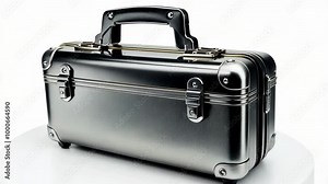 A silver metal suitcase with a black handle sits on a white surface