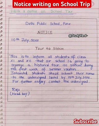 Notice writing on school trip l notice writing l notice writing class 5/6/7/8/9/10/11/12