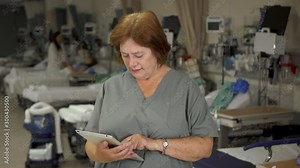 An older nurse using modern technology looks up and smiles at the viewer while holding a tablet computer as she works in a hospital.