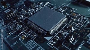 Focus on a Microchip, CPU Processor. Printed Circuit Board / Computer Motherboard with Components: Inside of Electronic Device, Parts of Supercomputer. Rotating Macro Camera