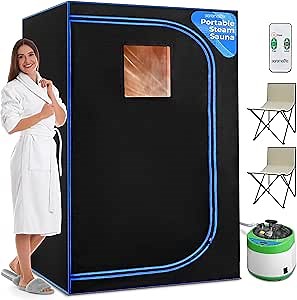 SereneLife Portable Sauna for Home, 2-Person Steam Sauna Tent with 4L Steamer, 2 Foldable Sauna Chairs, Remote Control for in-Home Spa Rejuvenation, 71"x47" (Black)
