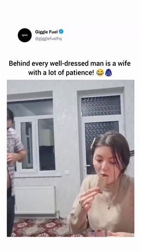 Giggle Fuel on Instagram: "A man is seen struggling to button up a plaid shirt that is clearly too tight for him, leaving his stomach exposed. His wife, who is sitting nearby drinking tea, notices his struggle and gets up to help. She quickly realizes the shirt is too small, so she uses a clever trick: she cuts the back of the shirt with scissors to make it fit comfortably in the front. Once the shirt is buttoned up, she helps him put on a formal suit jacket to hide the cut in the back. She adju