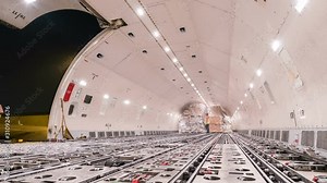 Time lapse loading and unloading cargo inside cargo plane - Zoom out